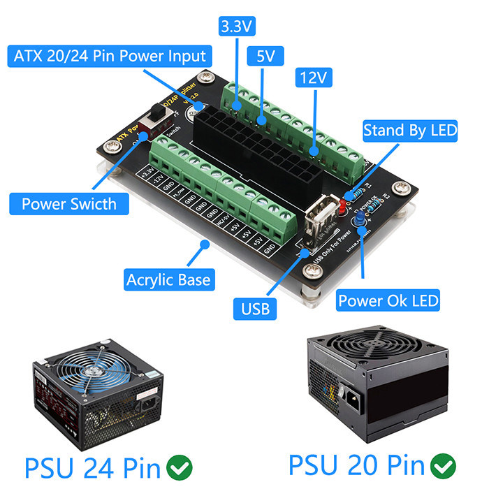 ATX 24/20 Pin Power Supply Breakout Board Module With USB 5V Port And